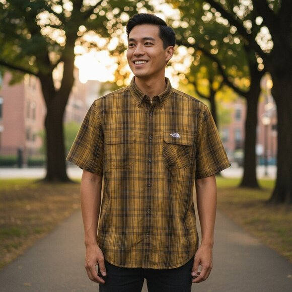 The North Face Mens Medium Beige Plaid Short Sleeve Button Up Shirt Size M - Picture 1 of 10
